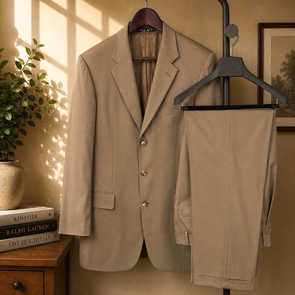 Vintage Hugo Boss Suit Mens 42L Brown Super 100s Virgin Wool 3 Button Made USA